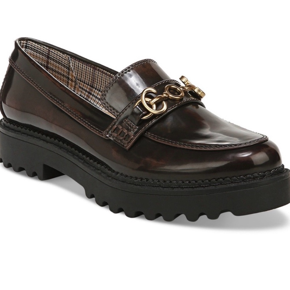 Sam Edelman circus Brown Patent Leather Platform Loafers with Gold Chain